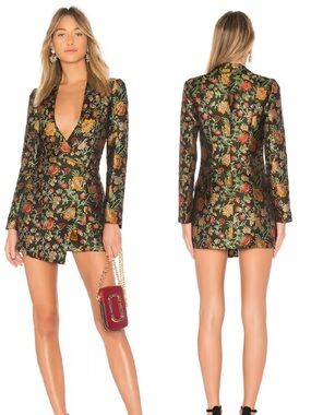 LOVERS + FRIENDS Ally Floral Brocade blazer Mini Dress - Black/Gold Floral XS